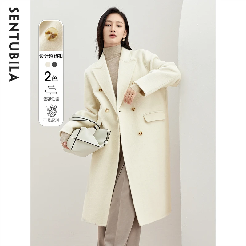 大气简洁不挑人精妙立体垂顺双排扣休闲西装领毛呢外套49253