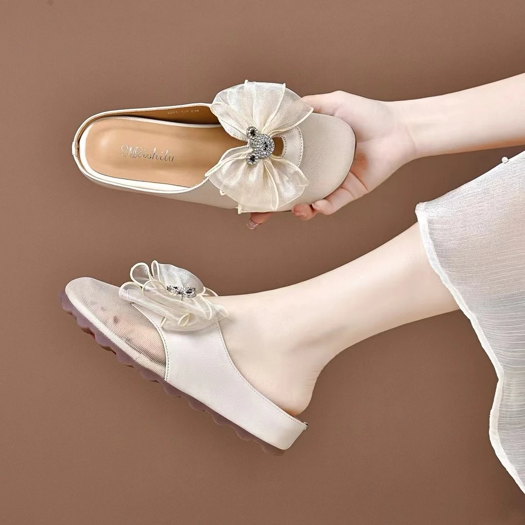 2024夏季新品网纱透气平底包头半拖防滑圆头时尚厚底半拖