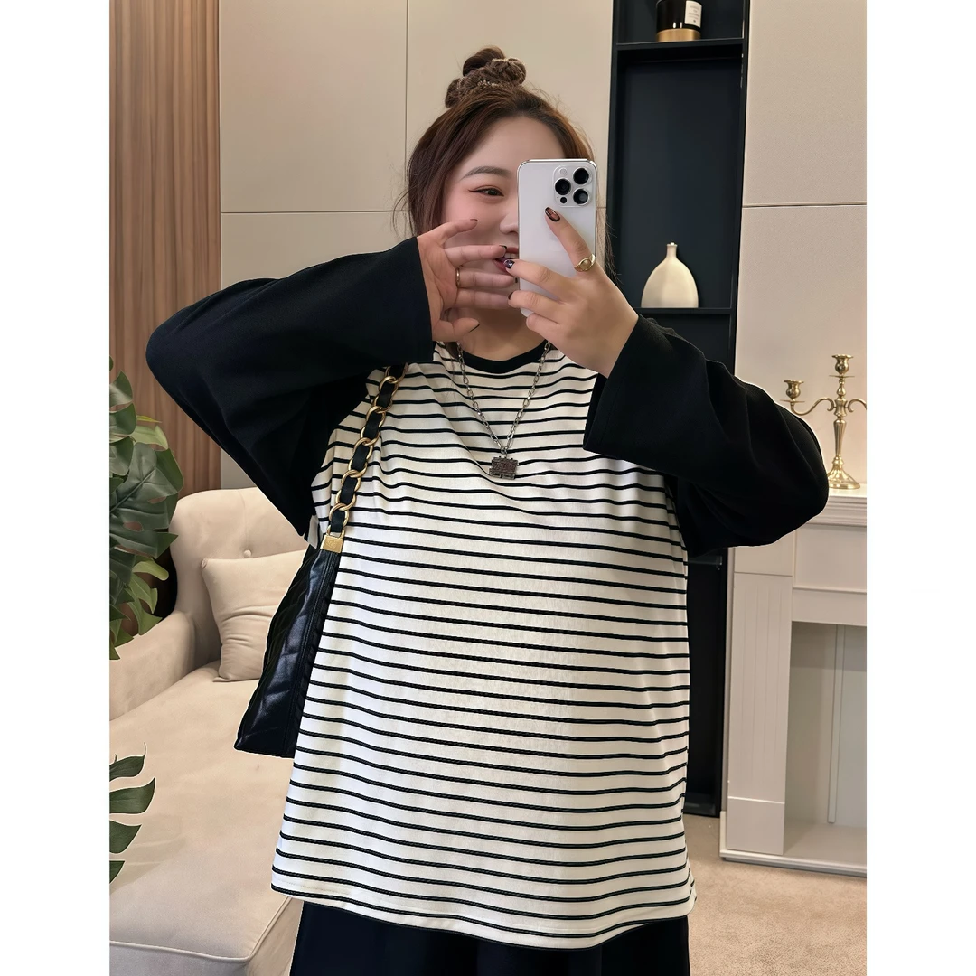 断码捡漏~落雪清晨 / 插肩袖撞色德绒条纹长袖t恤5910花契200斤