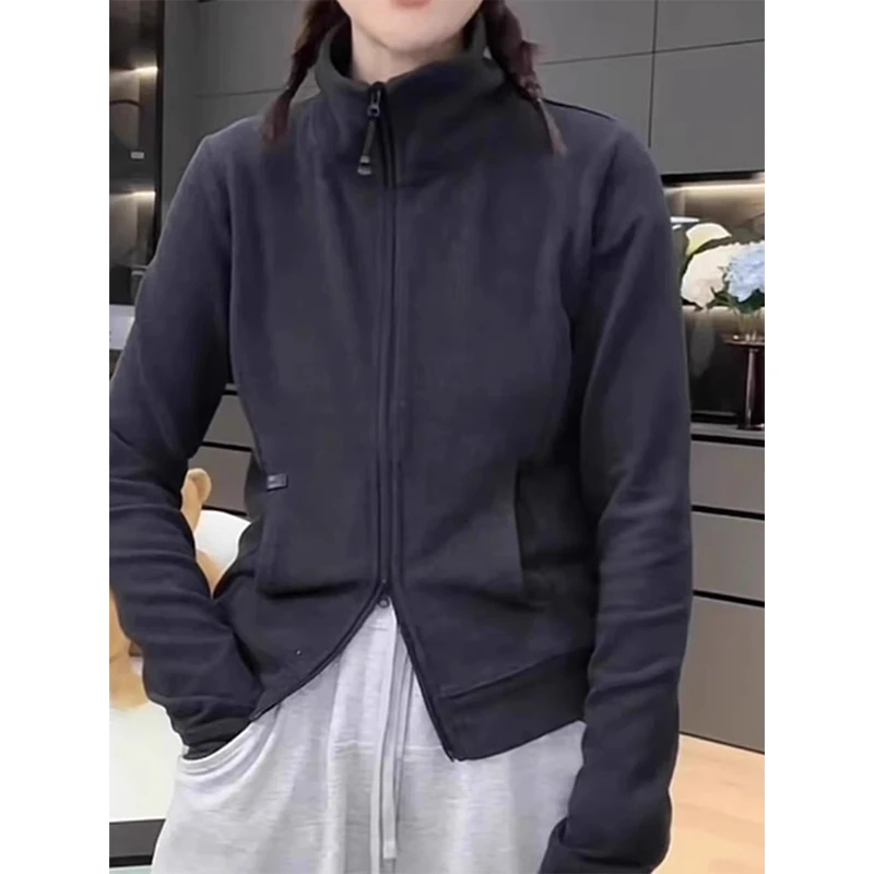 德绒立领显瘦卫衣外套女2025春季新款设计感双拉链开衫夹克上衣潮