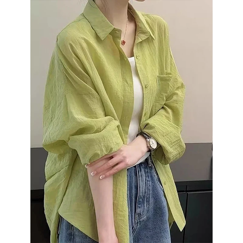 韩版薄荷绿色衬衫女夏季多巴胺穿搭休闲防紫外线宽松显瘦上衣外套