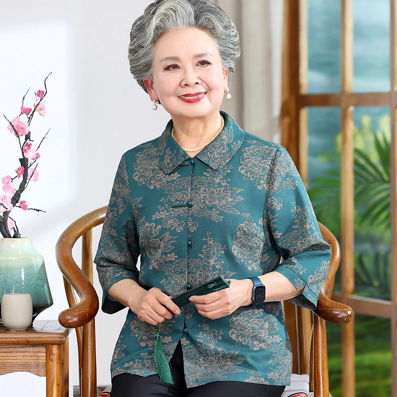 老太太夏装衬衫七分袖上衣60岁70奶奶春夏宽松衬衣80老年妈妈衣服