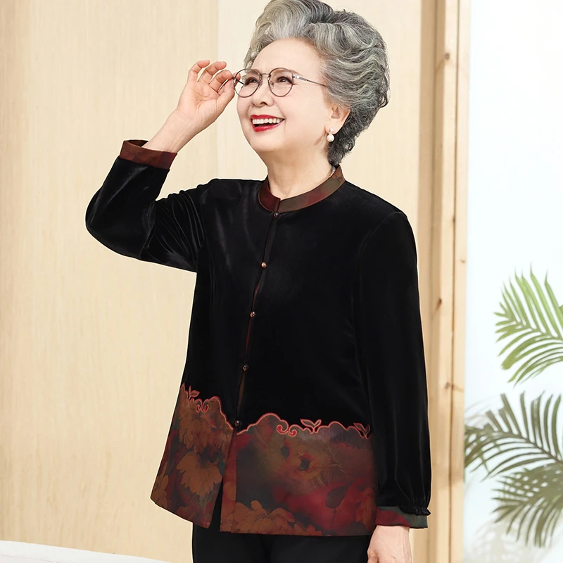 老太太秋装长袖衬衫金丝绒上衣富贵奶奶春秋天薄外套老年妈妈衣服