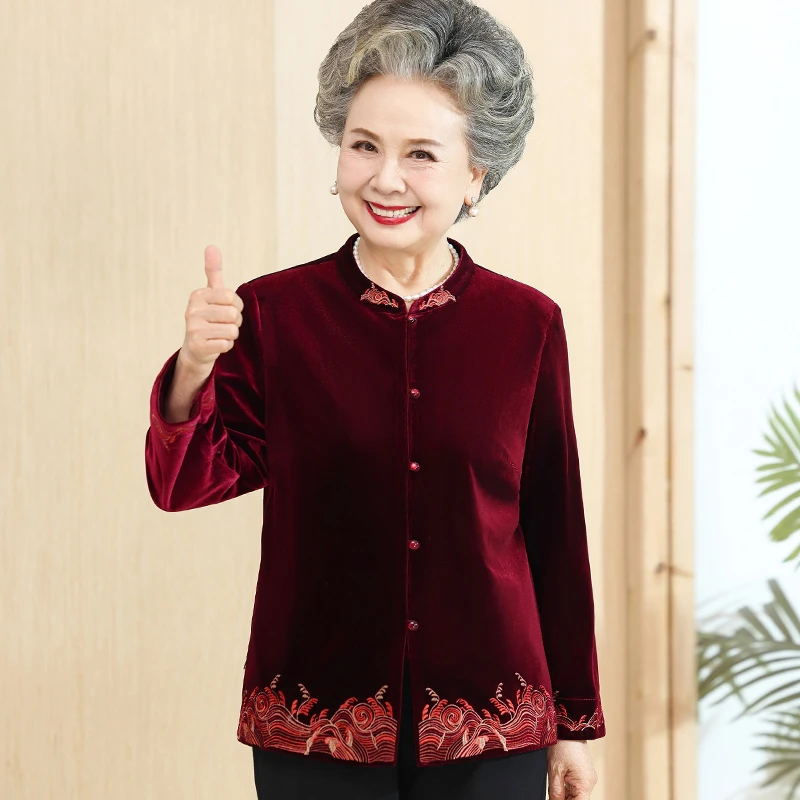 中老年人春装女奶奶金丝绒高档薄款外套妈妈春秋季唐装婆婆上衣服