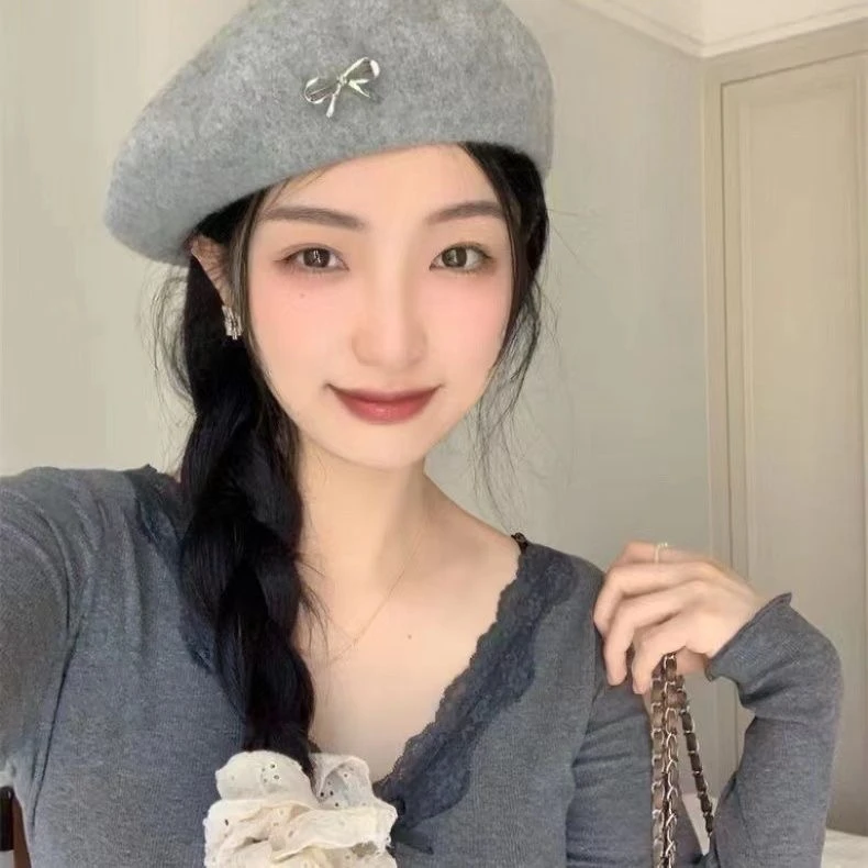 韩版可爱蝴蝶结刺绣新款羊毛贝雷帽帽子女秋冬百搭大头围显画家