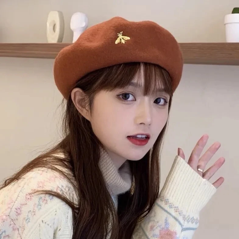 加厚羊毛呢小蜜蜂立体贝雷帽女秋冬季韩版日系文艺百搭英伦复古潮