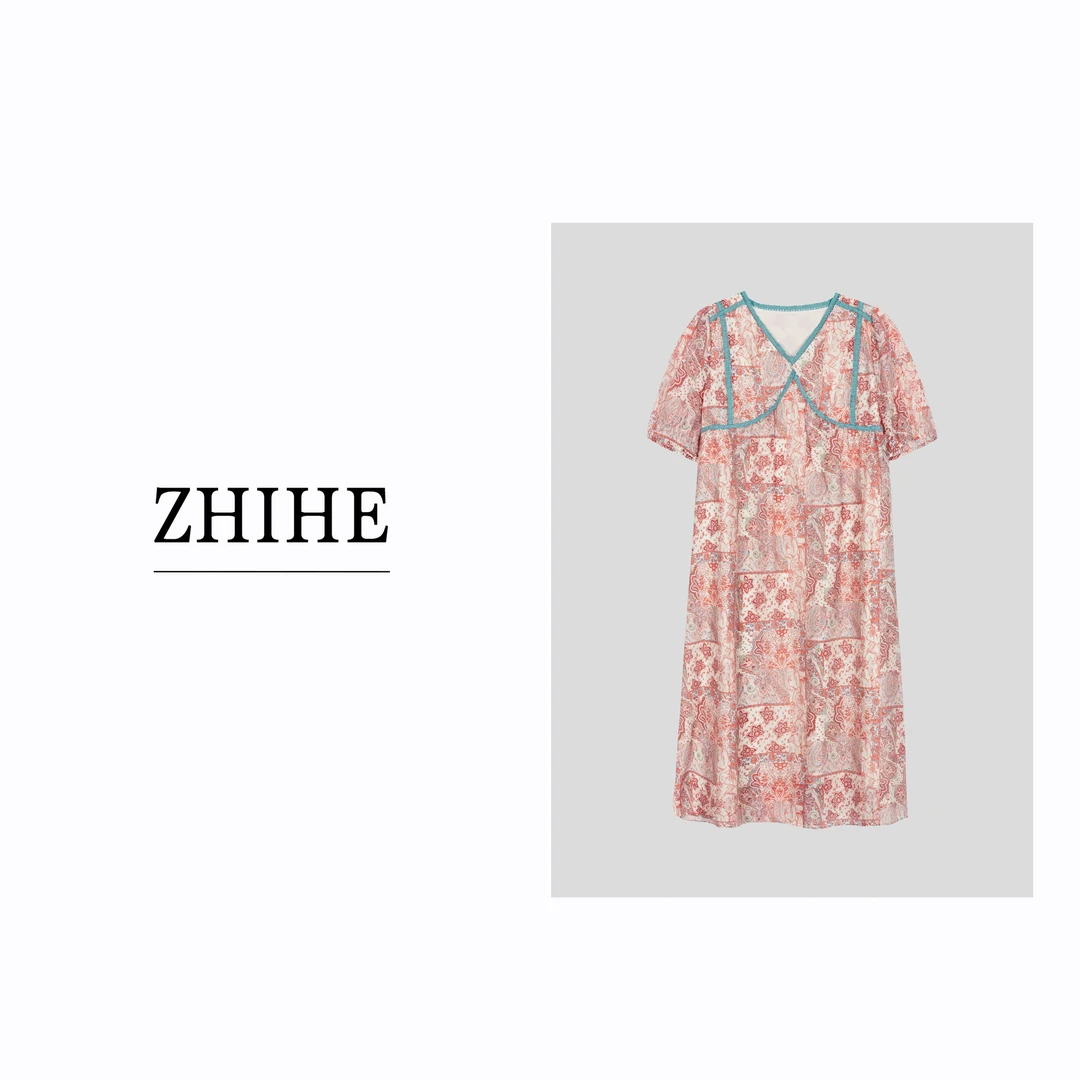 ZHIHE「一千零一夜」设计师款佩斯利纹显瘦重工蕾丝拼接连衣裙