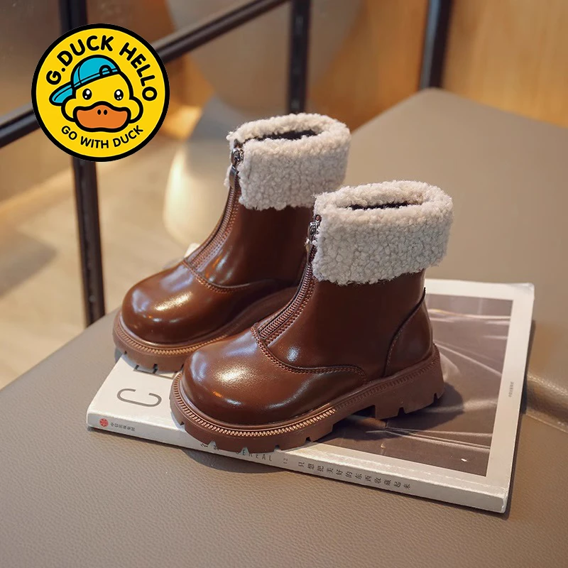 G.DUCK小黄鸭女童皮靴2024冬季加绒女孩公主儿童羊羔毛加厚马丁靴