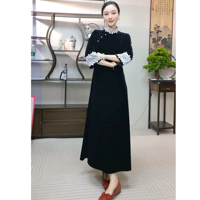 《墨韵》老上海长款旗袍新款2024女民国风复古修身长袖春秋