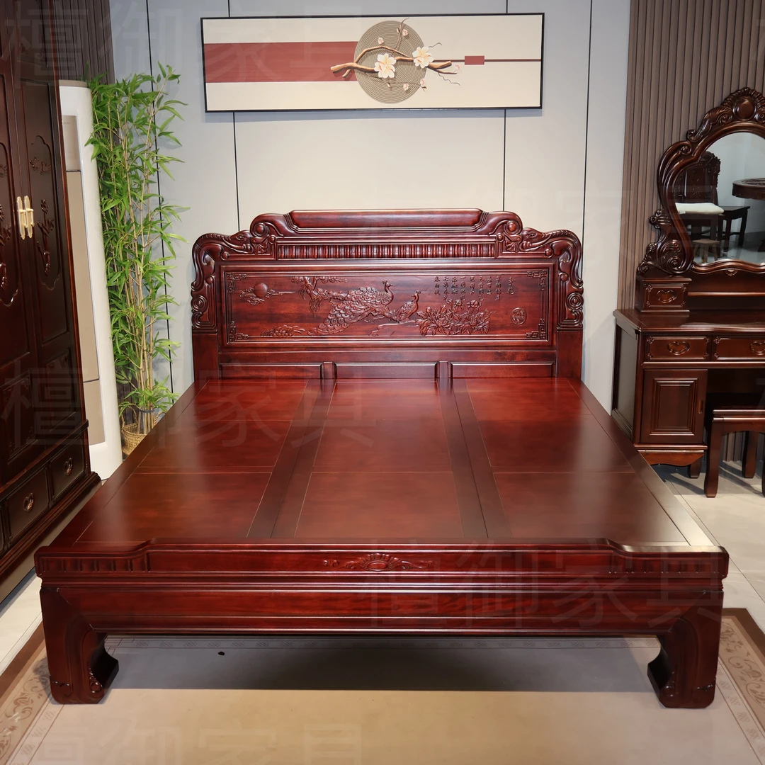 孔雀南美红檀木明清古典雕花1.8米双人床家用婚床主卧实木大床