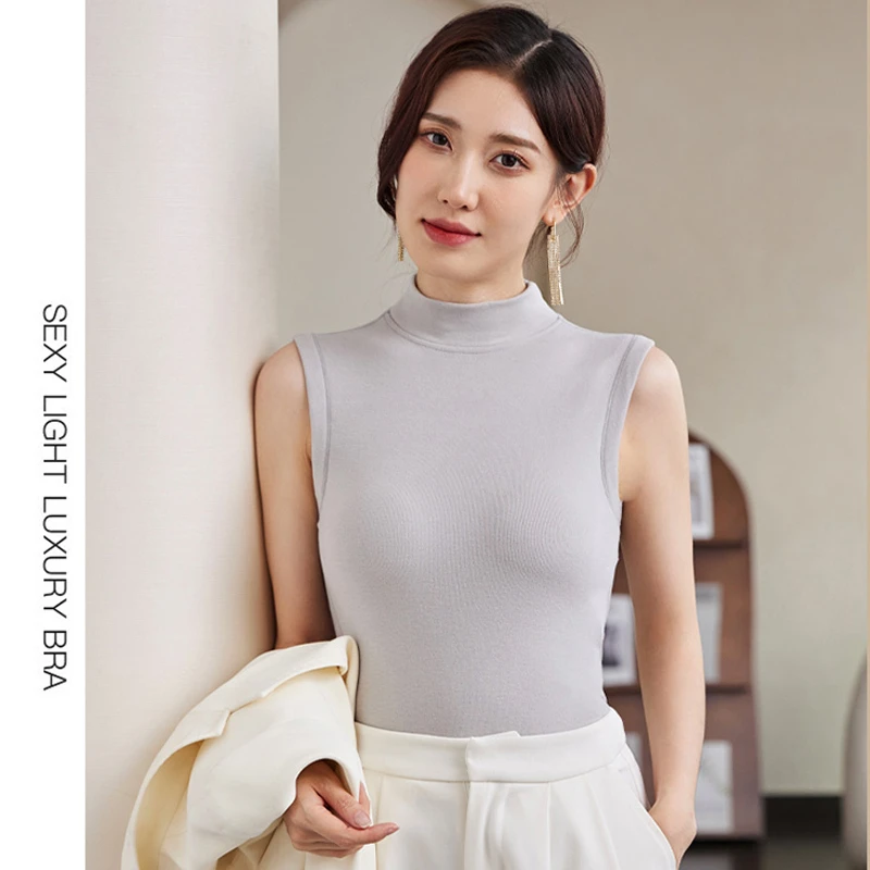 品彩中领加绒保暖女士修身女背心打底无袖带胸垫l