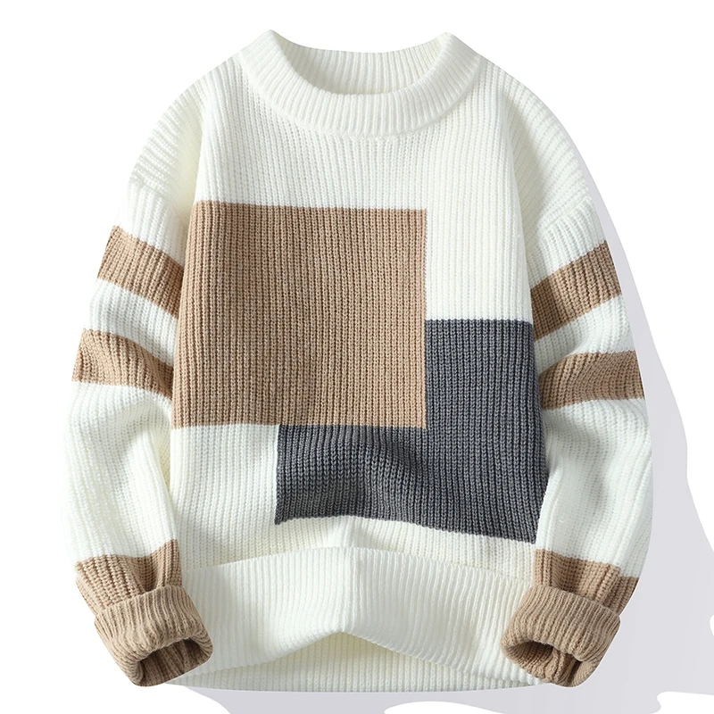 秋冬季男生潮牌高品质毛衣潮流拼色毛线衣宽松圆领保暖上衣ins