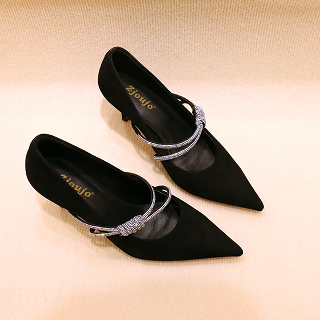 zjoujo真皮高跟鞋新款气质法式尖头细跟黑色性感外穿时装单鞋女