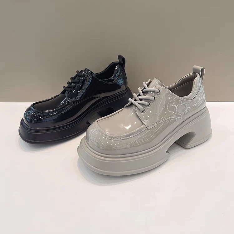 zjoujo春季圆头皮鞋女鞋时尚系带英伦风厚底真皮春秋百搭休闲松糕