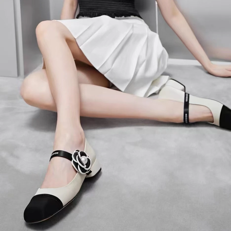 单鞋时尚夏季粗跟平底方头低跟气质百搭女士高跟牛皮浅口舒适真皮