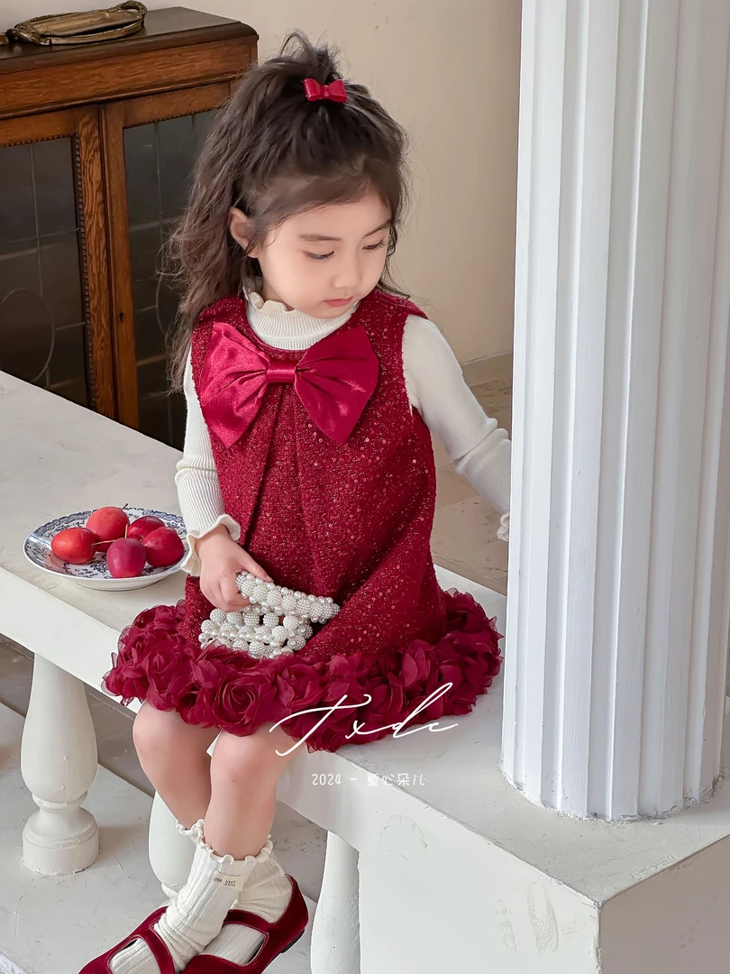 现货原创重工秋冬洋气蝴蝶结公主生日周岁礼服周岁装套装（两件套）