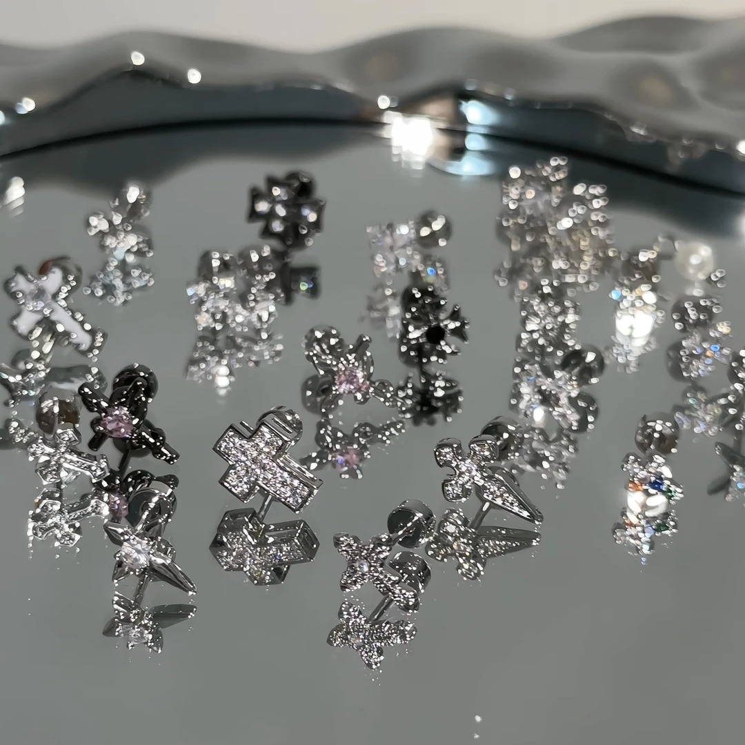 钛钢合成锆石耳饰 十字架耳骨钉合集  钛钢耳钉耳骨钉