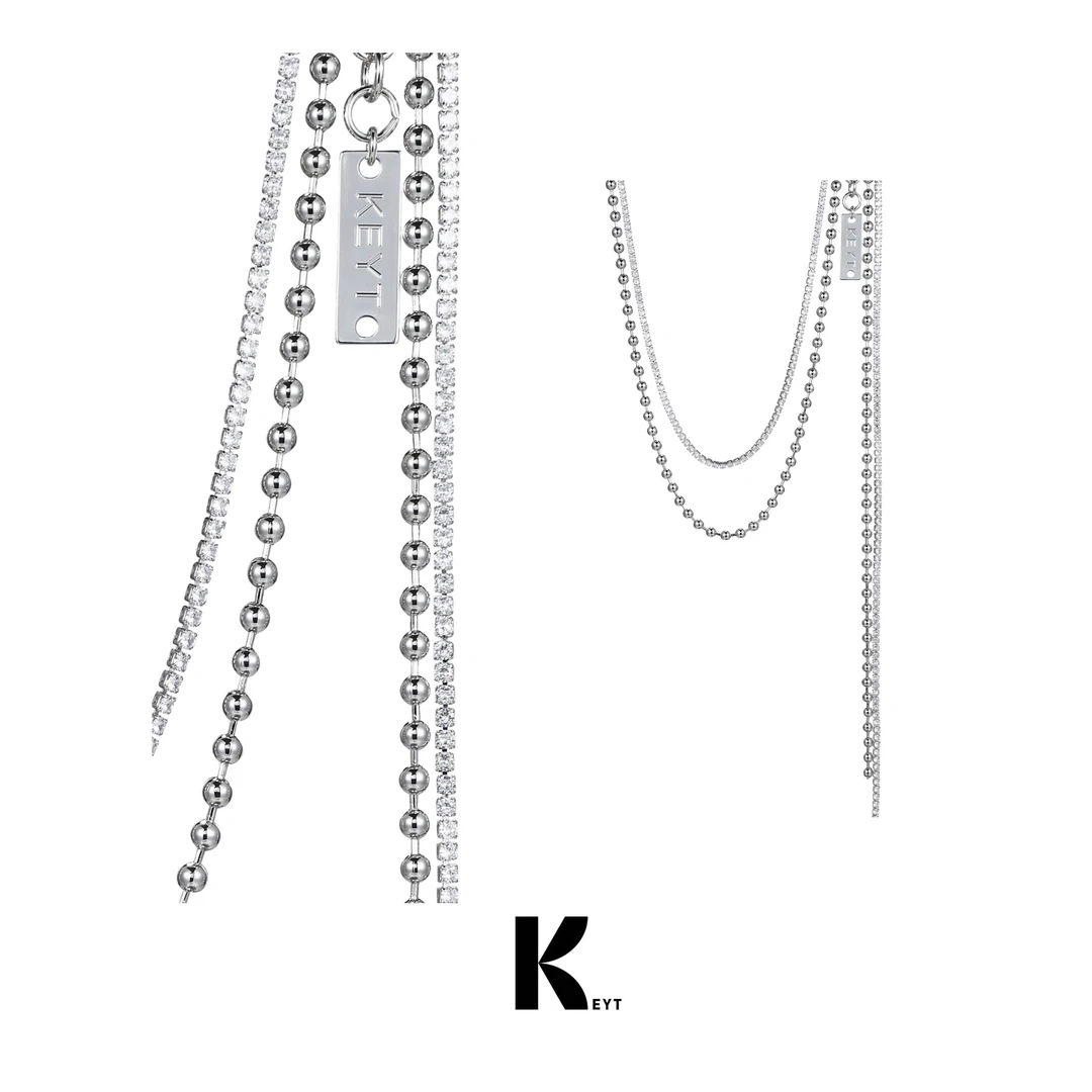 KEYT 铜合金合成锆石项链 银球多层链条穿插项链