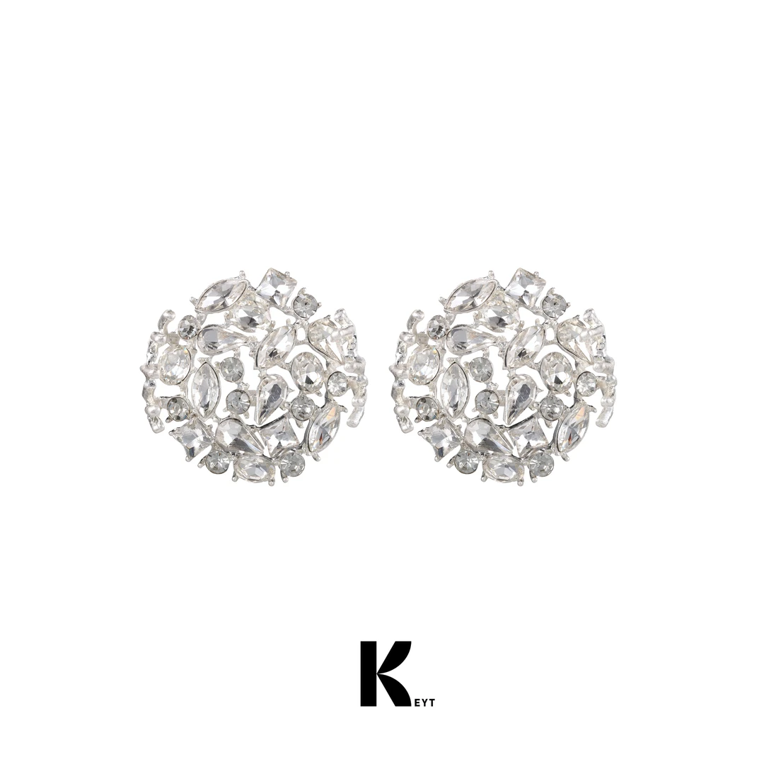 铜合金合成锆石耳饰 银色满钻花朵耳环