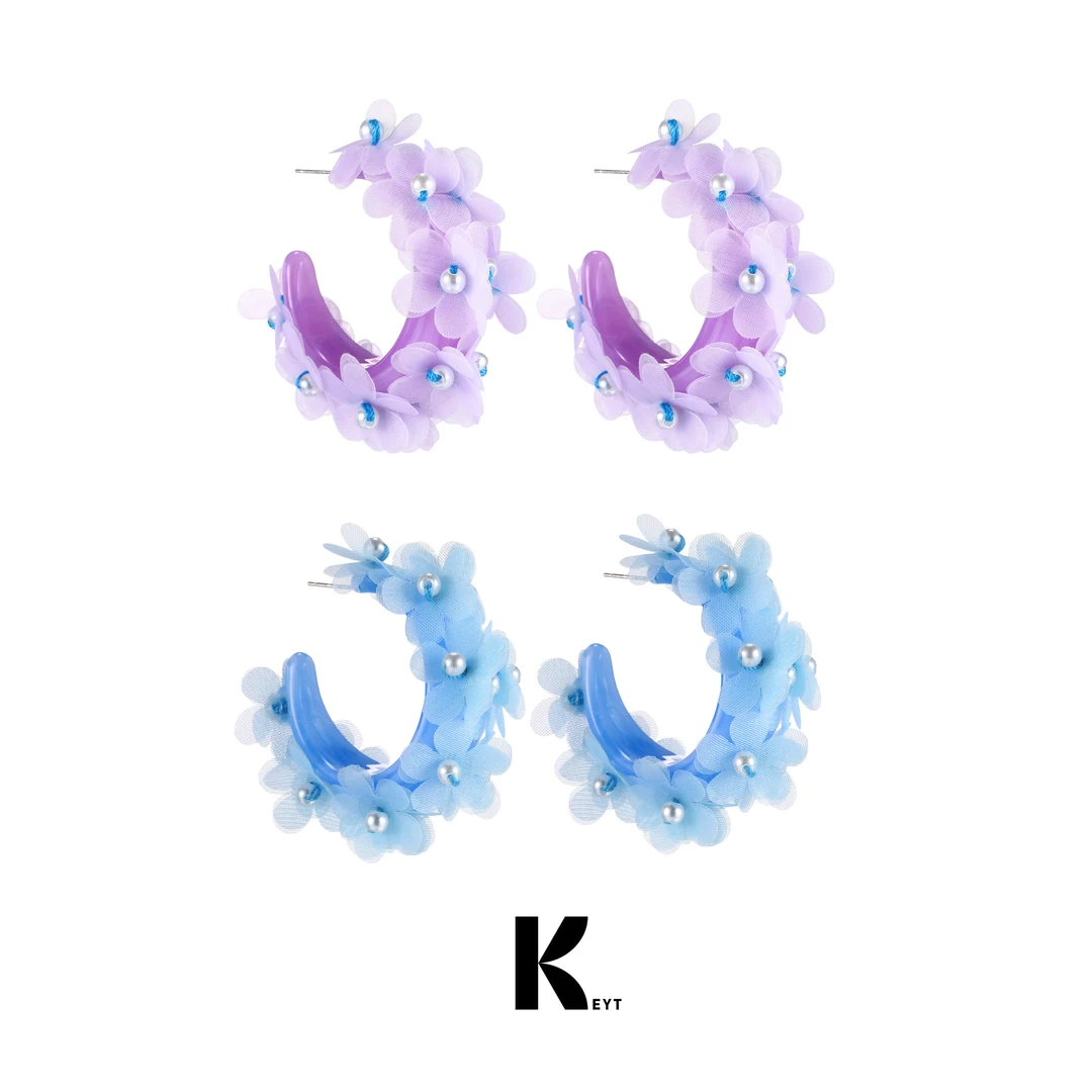 KEYT 非金属布艺耳饰 蓝紫花朵珠珠耳圈