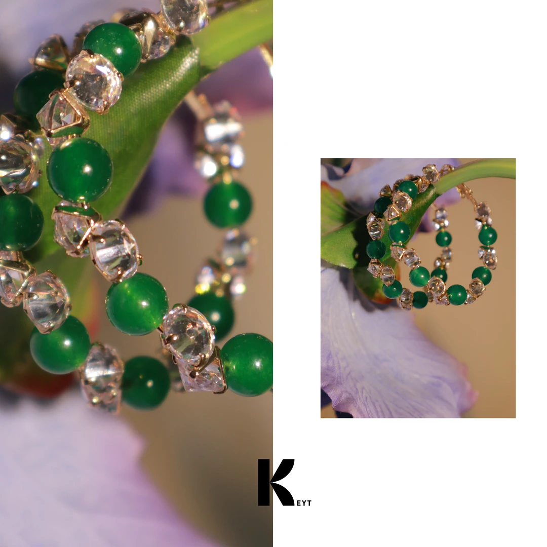 铜合金合成锆石耳饰 KEYT 美轮美奂绿珠锆石拼接耳圈