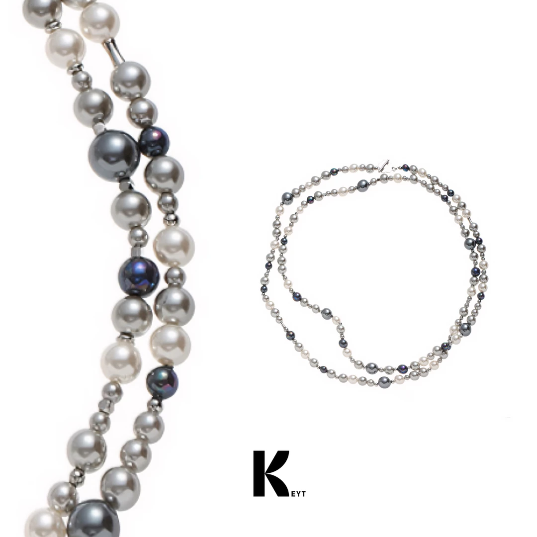 铜合金仿珍珠项链 白灰银色珠珠长款项链