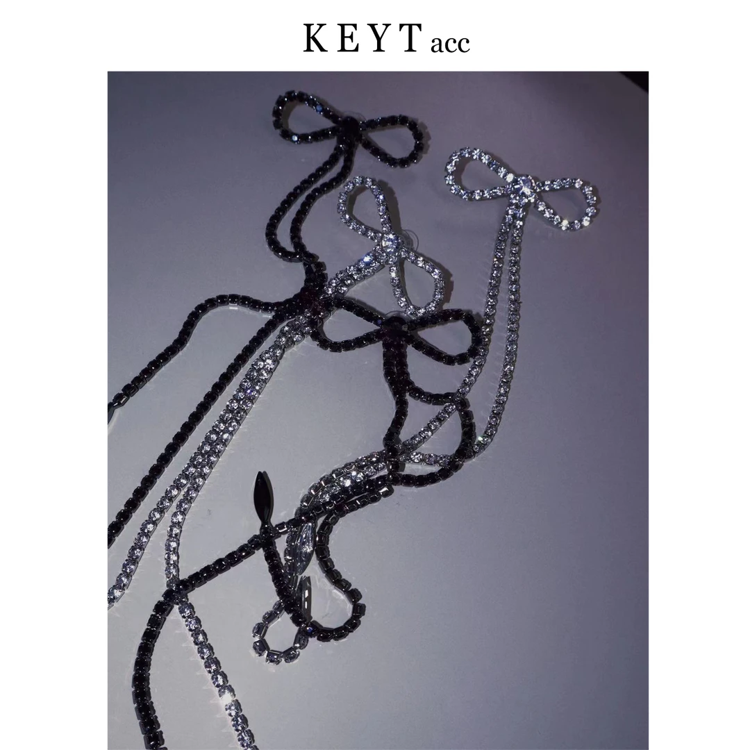 KEYT 铜合金玻璃耳饰 时尚小众黑银双色蝴蝶结水钻流苏造型耳饰