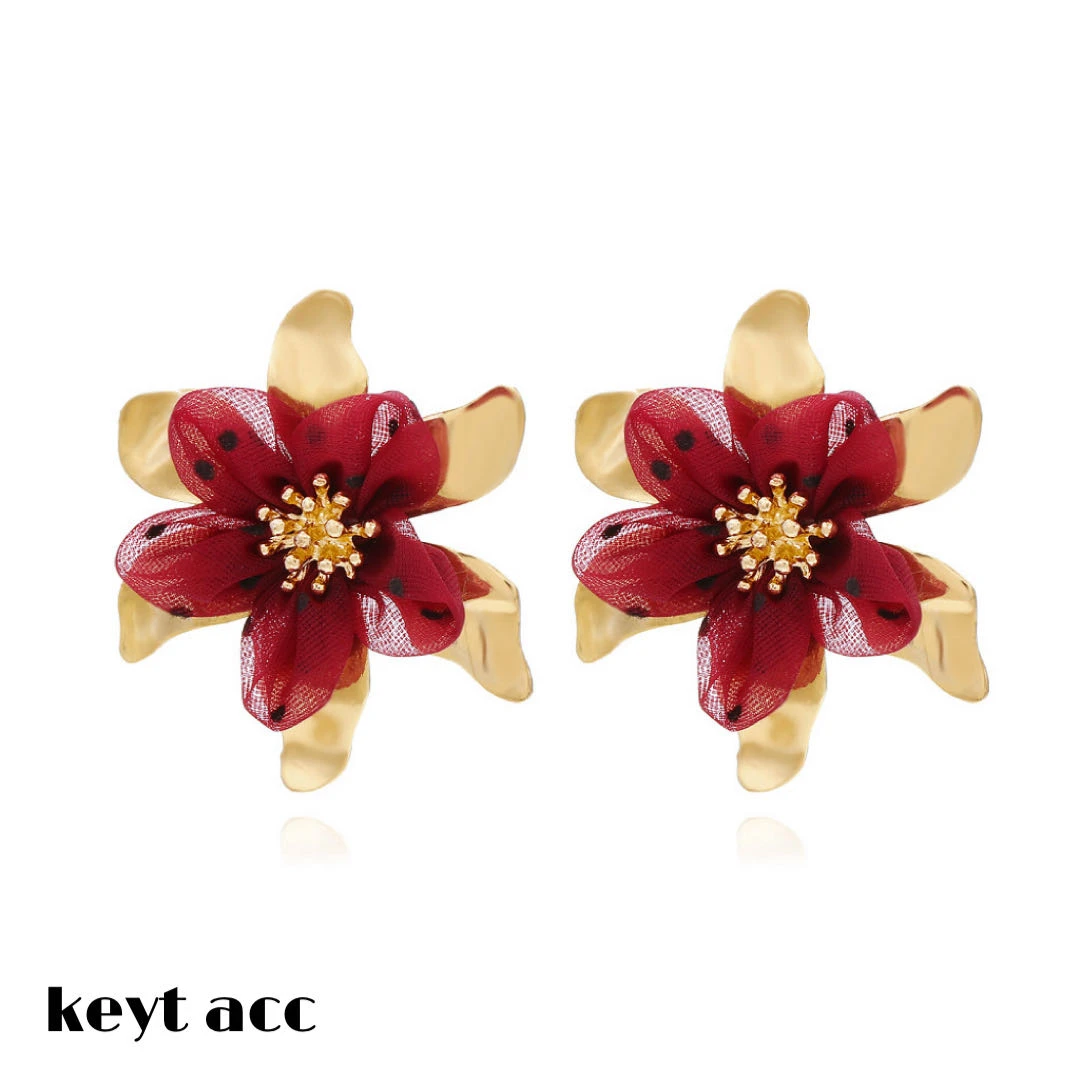 KEYT 合金布艺耳饰 质感绢纱红黄色大花