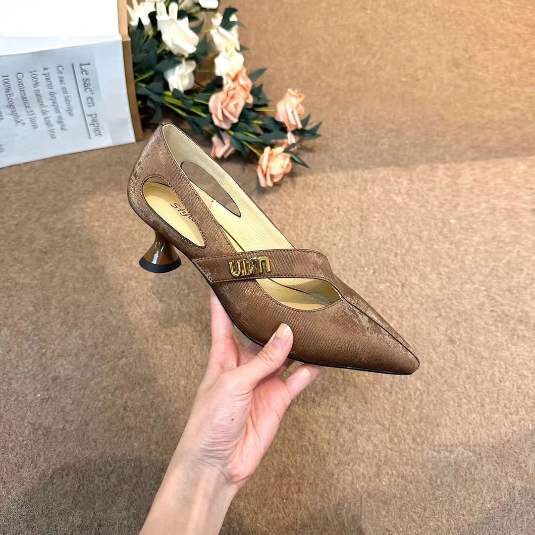 民族风丝绸感牛皮871-34-42尖头时尚浅口酒杯套脚魔术贴百搭单鞋