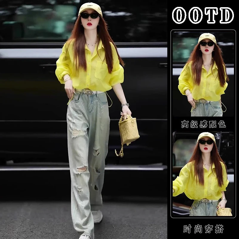 夏季黄色雪纺衬衫女2024新款灯笼袖宽松百搭防晒衣POLO领薄款上衣
