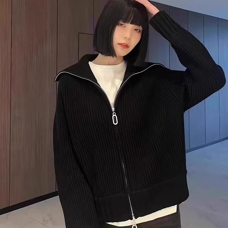 商场同款女装秋冬气质复古休闲翻领拉链针织开衫毛衣外套1499203