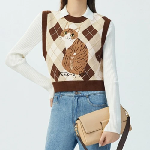 专柜同款女装秋冬短款背心绵羊毛卡通提花马甲针织衫A301023