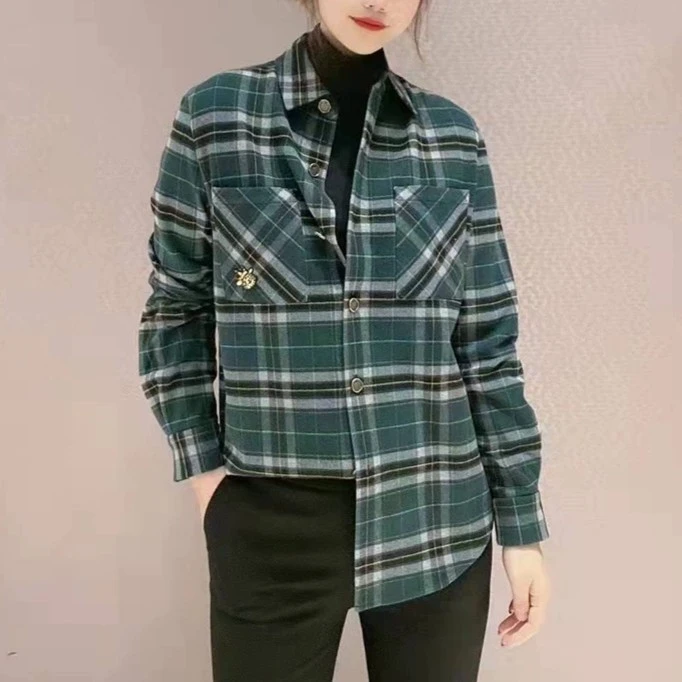 商场同款女装春秋气质磨毛长袖格子衬衫宽松复古百搭上衣1400458