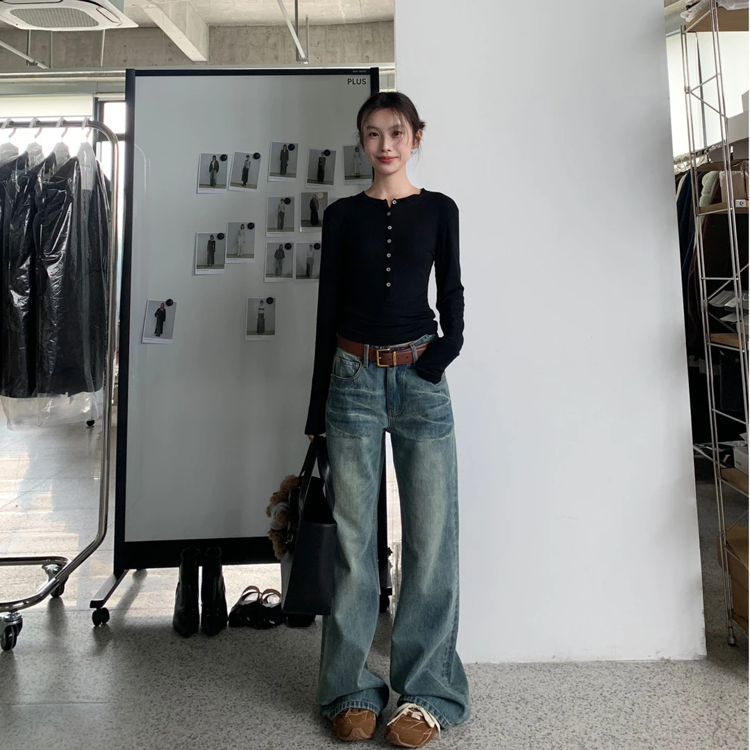 2024年秋款 古着色慵懒感低腰阔腿牛仔女裤 复古做旧拖地 L2377