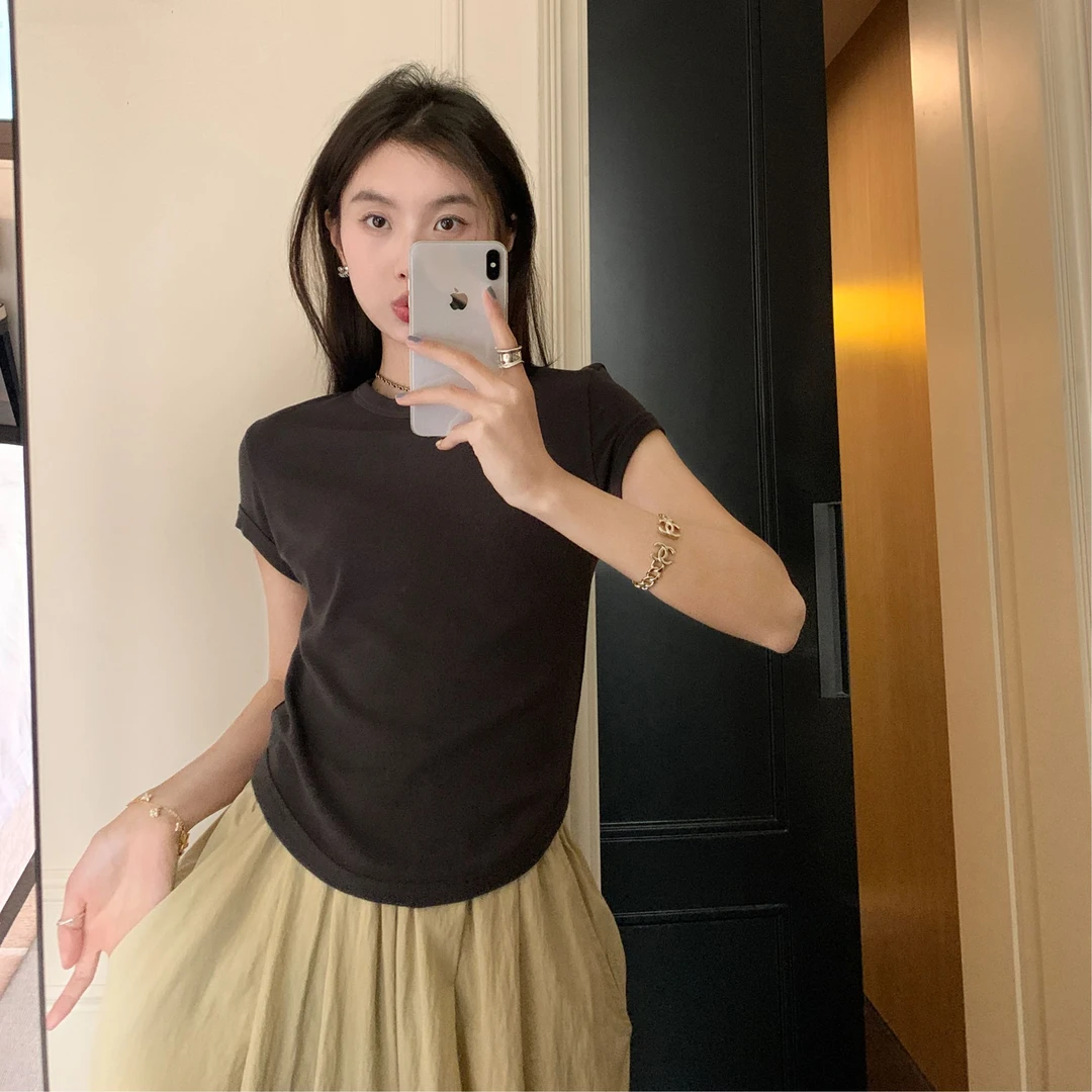 2024年夏季新款 辣妹纯色正肩短袖T恤 修身显瘦圆领上衣 GR773