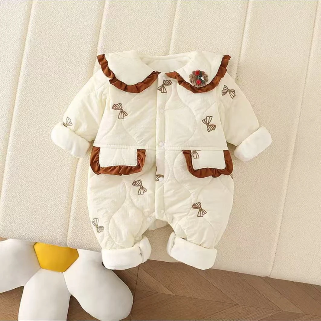 婴儿秋冬季薄棉连体衣新生女宝宝深秋款夹棉公主洋气爬服保暖哈衣