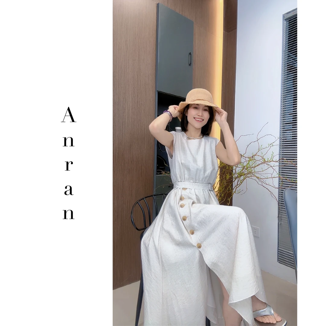 Anran  3127 夏季长款小飞袖收腰连衣裙女小众法式气质长裙