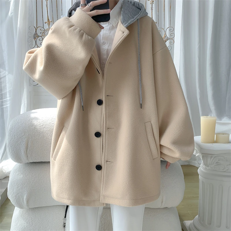 Boycloset 秋冬新款连帽假两件中长款毛呢大衣男风衣大码w049