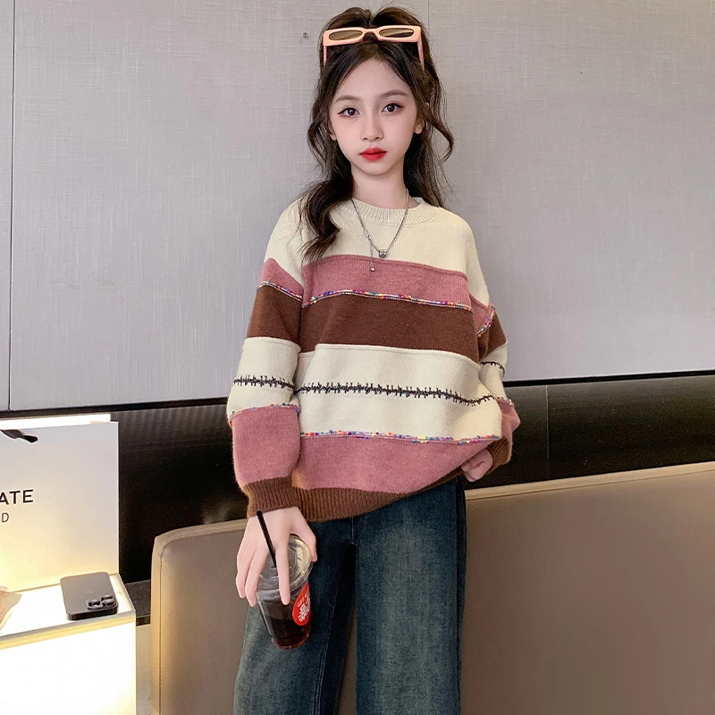女童秋冬毛衣2023新款洋气女大童韩系圆领套头针织衫儿童冬季线衣