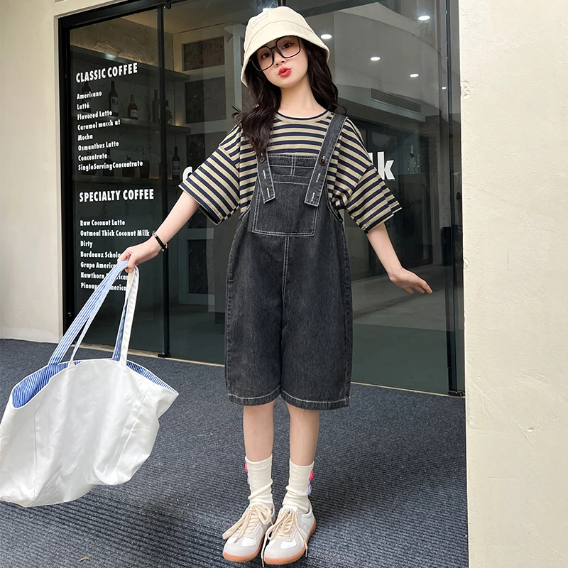 女童牛仔背带裤套装2025夏季新款儿童背带短裤短袖两件套宽松洋气