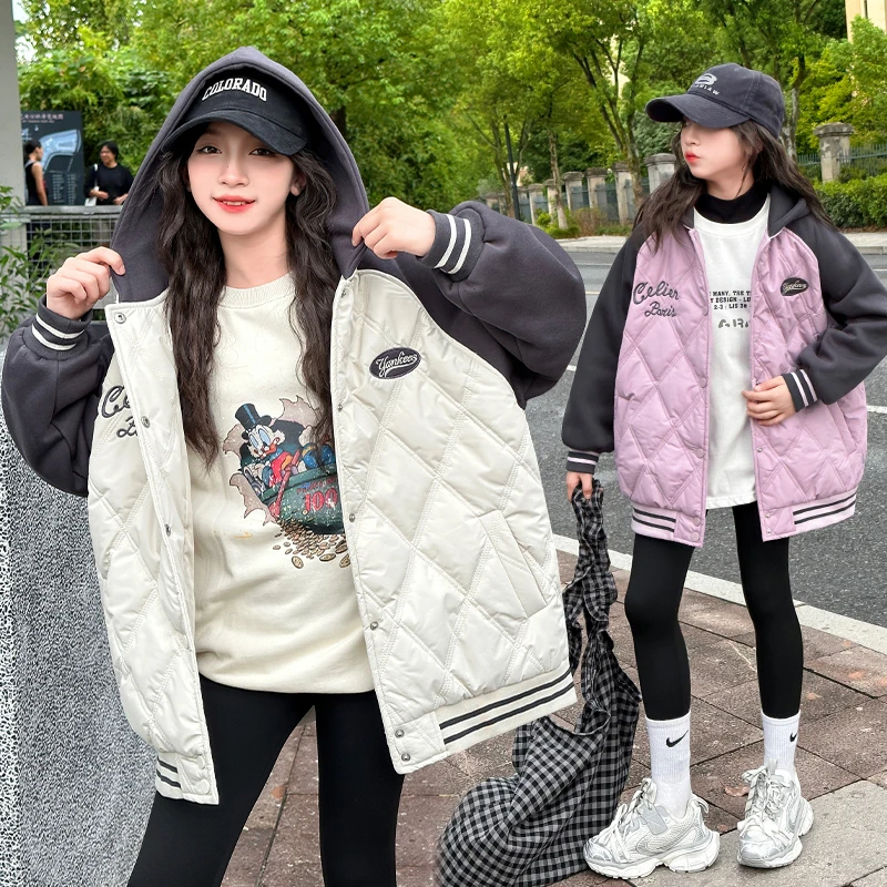 女童夹棉外套秋冬装2024新款儿童绗棉棉服中大童深秋连帽上衣