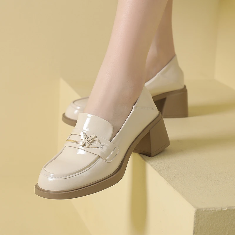 【NO退NO换】春秋圆头乐福鞋厚底真皮女鞋头层牛皮软底粗跟6001-33