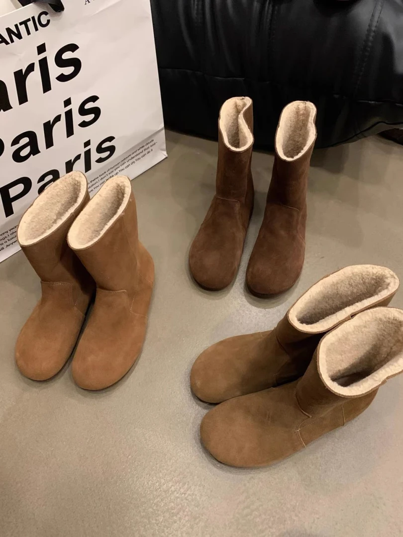 加绒加厚勃肯靴2023冬季新款韩国复古两穿真皮雪地靴短筒棉靴保暖