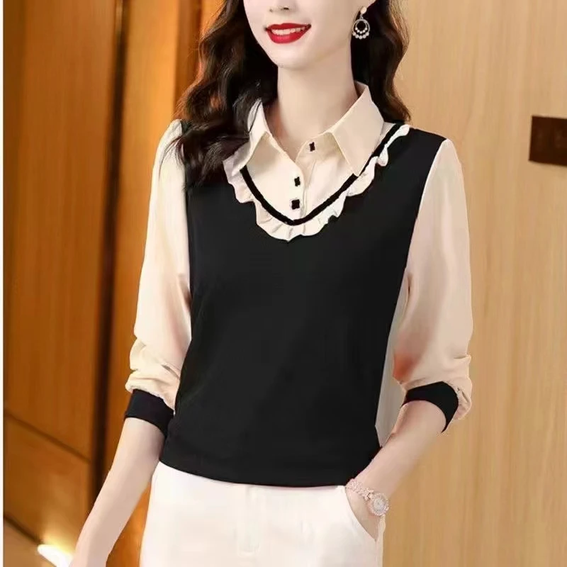 2023春秋新款女式长袖衬衫洋气时尚百搭假两件衬衫打底上衣拼接