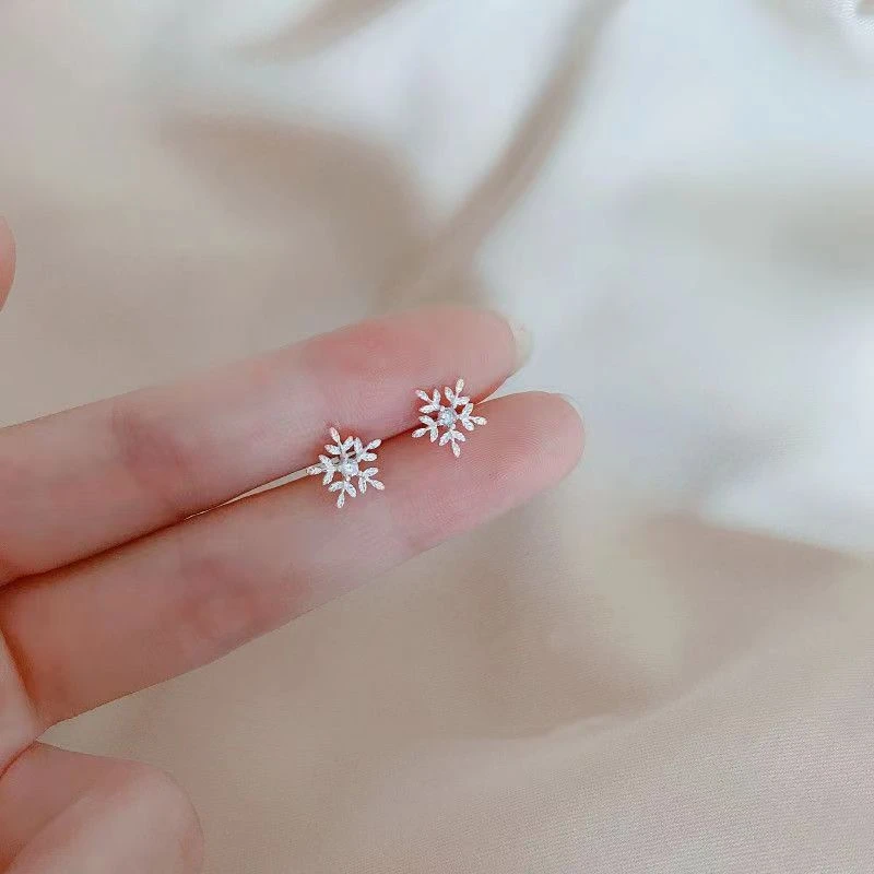 铜合金合成锆石耳饰 韩版雪花浪漫气质简约镶钻冰花耳钉耳饰
