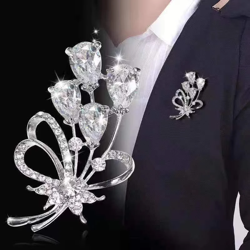 铜合金合成锆石胸针 简约时尚气质胸花别针k金服饰配饰品花朵胸针