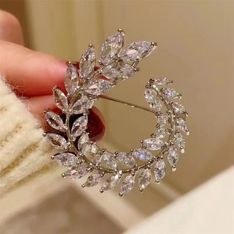 合金合成锆石胸针 时尚镶ins锆石叶子胸针橄榄枝胸花韩国个性别针