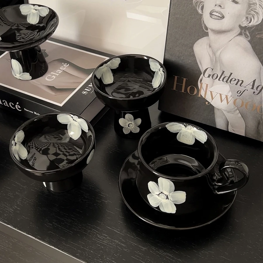 态生活复古陶瓷咖啡杯高脚杯手捏水杯甜品碗小众个性创意喝水杯子