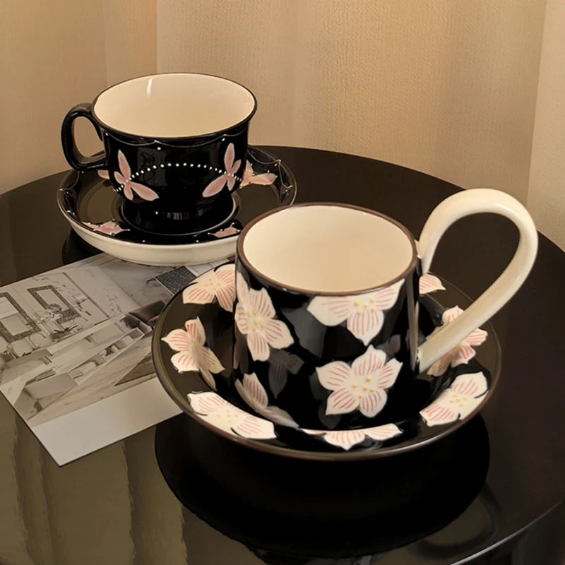 态生活文艺复古风陶瓷咖啡杯碟家用高级感浮雕手绘马克杯下午茶杯