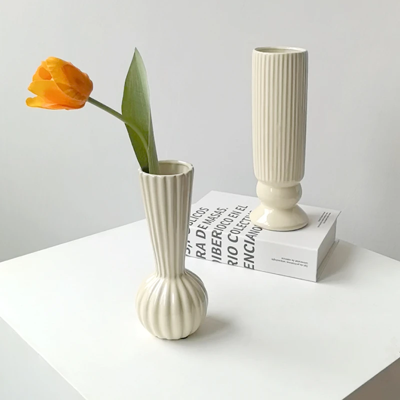 态生活 ins中古风竖纹陶瓷花瓶家用高级感仿真花插花器装饰品摆件
